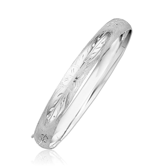 Classic Floral Carved Bangle in 14k White Gold