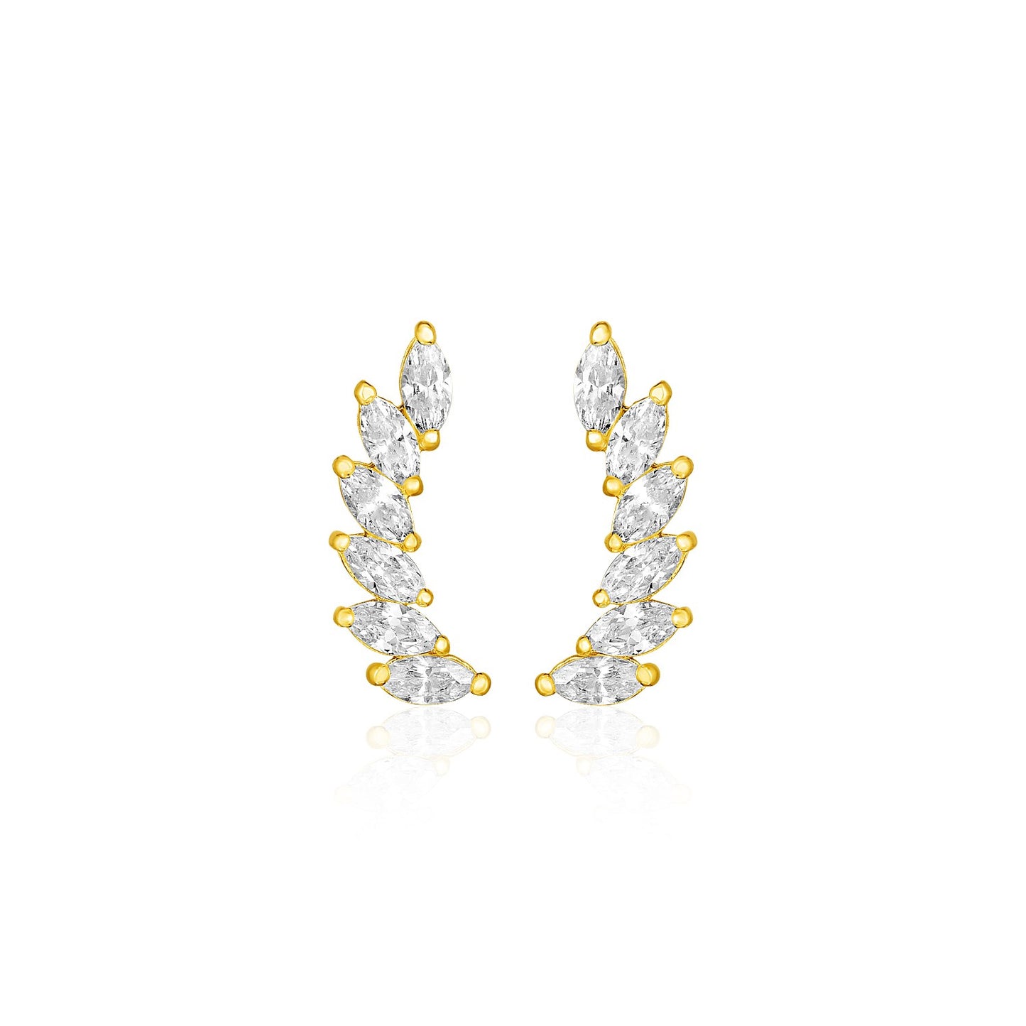 14k Yellow Gold Leaf Motif Climber Post Earrings with Marquise Cubic Zirconias