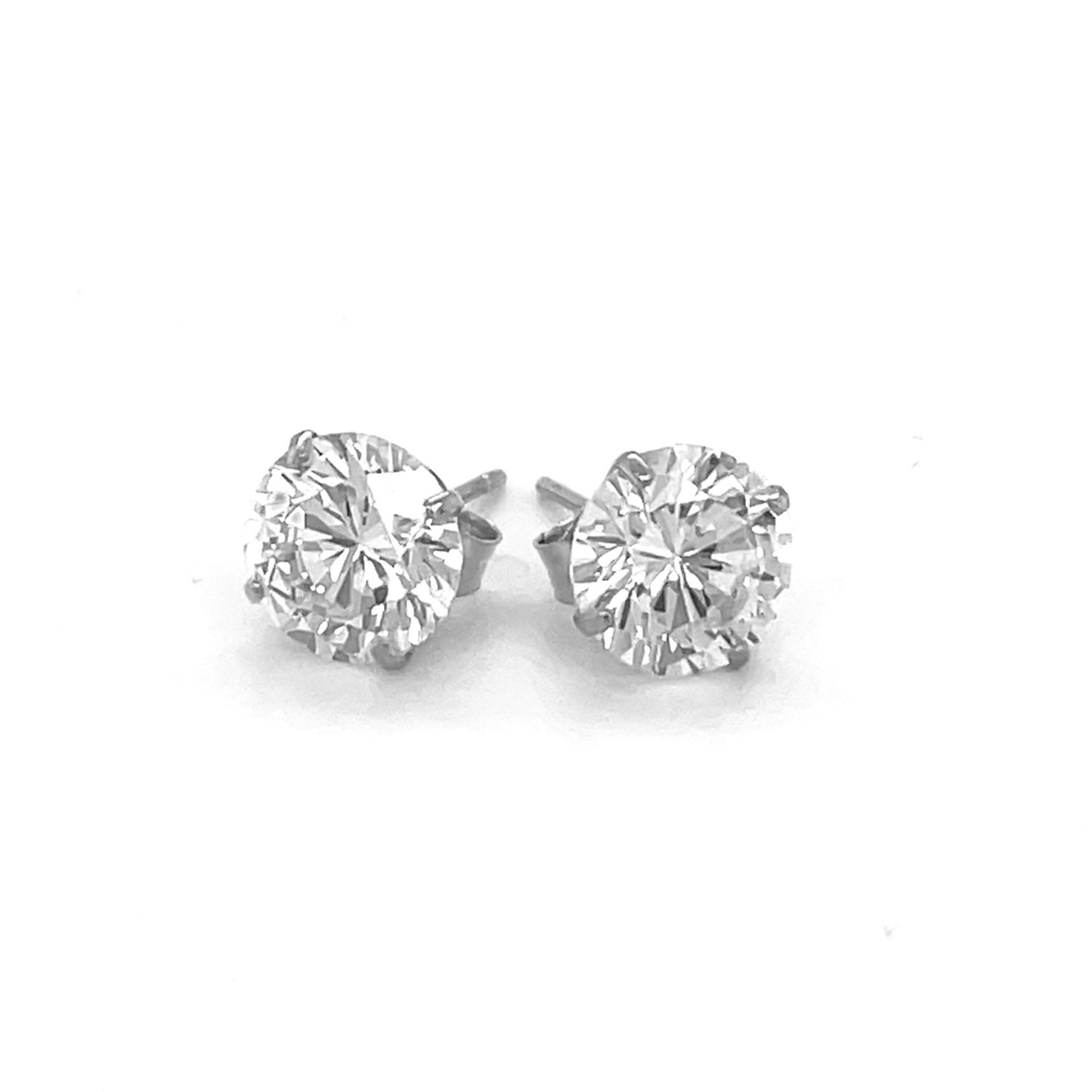 14k White Gold 7mm Stud Earrings with White Hue Faceted Cubic Zirconia