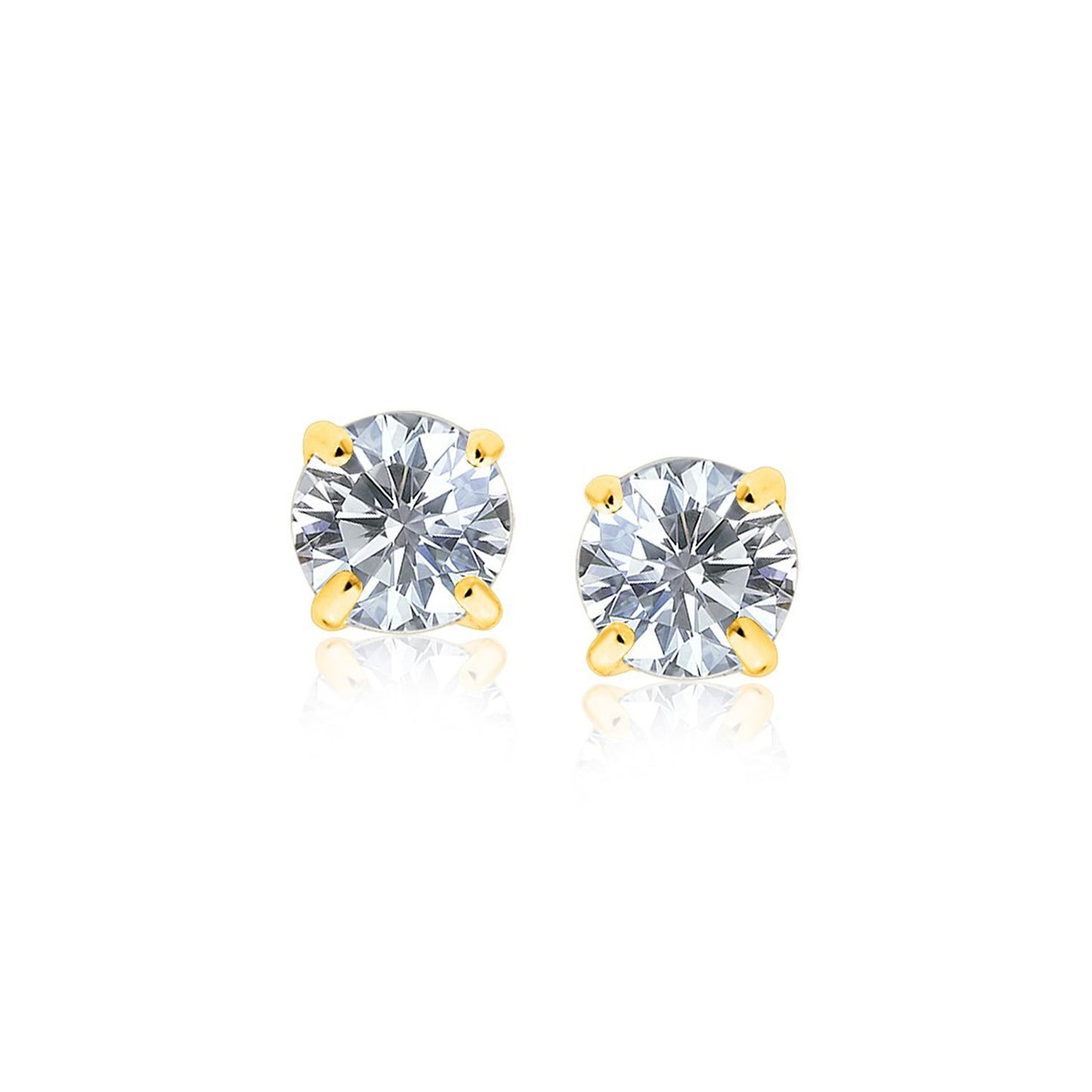 14k Yellow Gold 6mm Stud Earrings with White Hue Faceted Cubic Zirconia