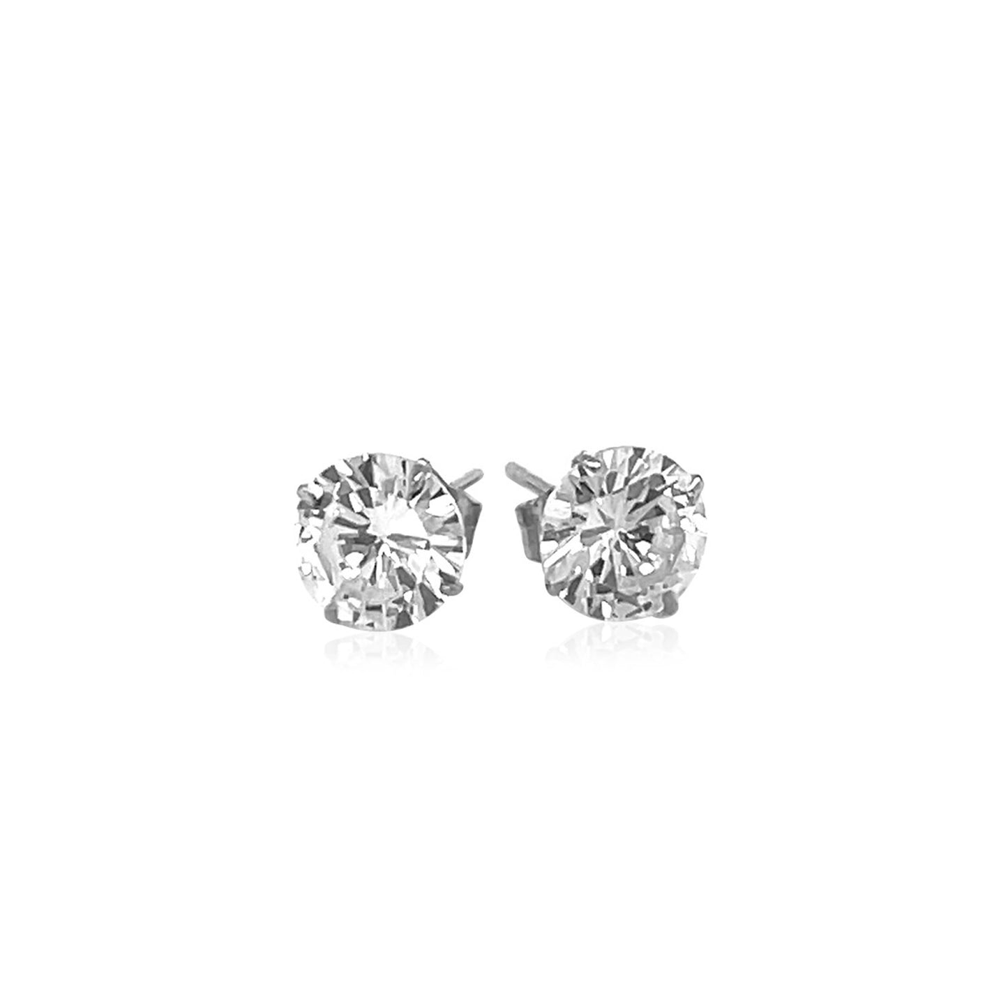 14k White Gold 6mm Stud Earrings with White Hue Faceted Cubic Zirconia